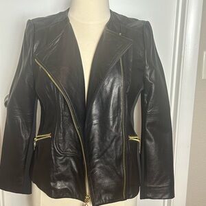 Via Spiga Black Leather Jacket with Gold Accents